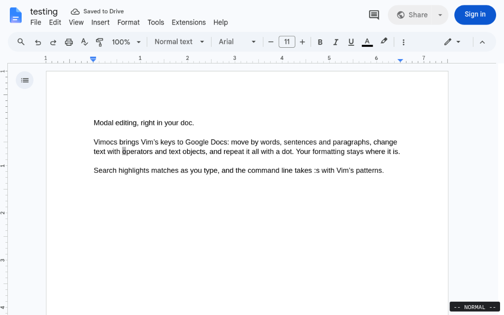 Vimocs Modal Editing in Google Docs